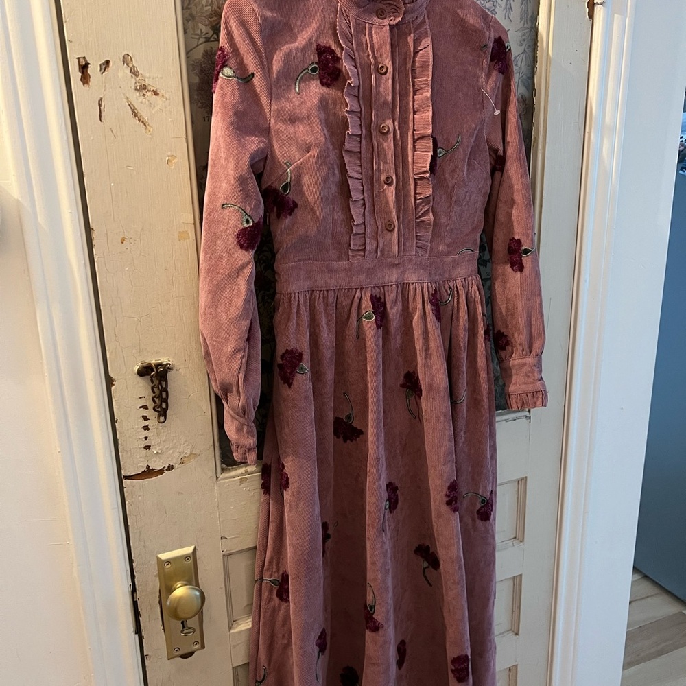 Victorian ruffles Embroidered Pink Long Sleeve Dress